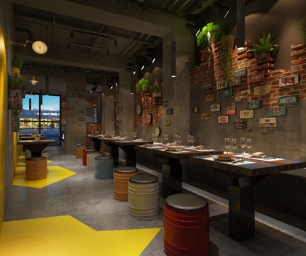  复古工业风餐厅 烧烤吧 装饰柜 水泥铁艺吧台 铁艺油桶座椅3d模型 