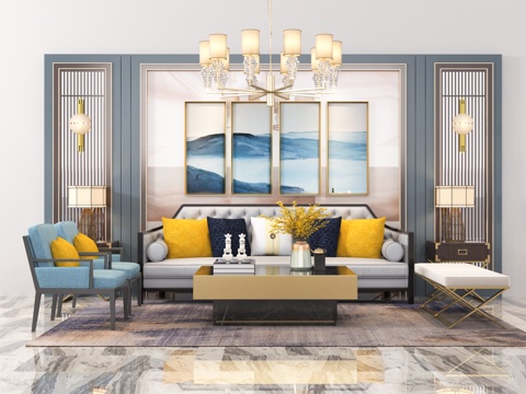  新中式沙发茶几 单椅 吊灯 台灯 壁灯 沙发 背景饰品3d模型 