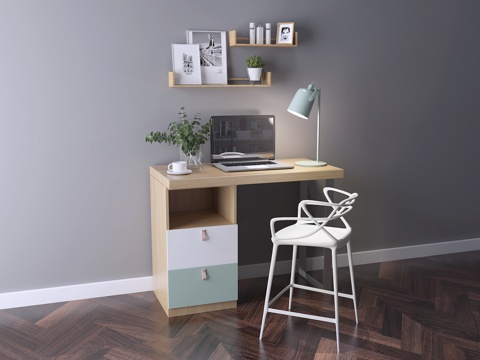  北欧书桌椅台灯饰品组合3d模型 