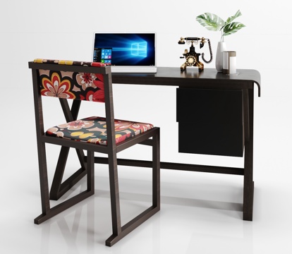  美式简约书桌 椅子 电脑 盆栽 摆件组合3d模型 