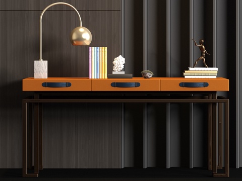  新中式金属皮革书桌台灯饰品组合3d模型 