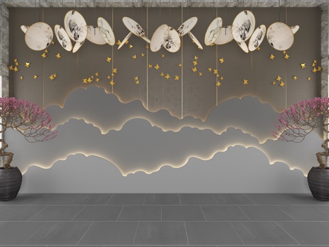  新中式山形背景墙 新中式山形造型墙 包房背景墙 大厅背景3d模型 