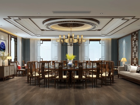  中式餐厅包间 餐桌 沙发 装饰柜 麻将桌 吊灯3d模型 