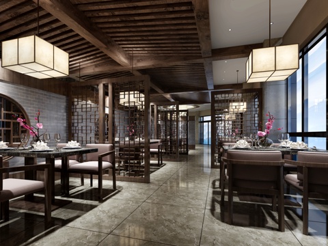  传统中式餐厅 餐桌椅3d模型 