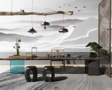  新中式泡茶桌 新中式吊灯 隔断 凳子 茶具3d模型 