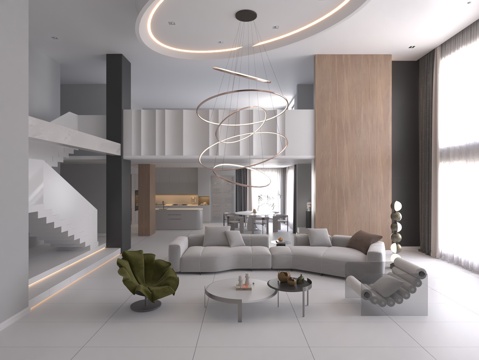  现代二层客餐厅 沙发茶几组合 餐桌椅3d模型 