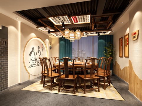  新中式包房 餐桌椅 吊灯3d模型 