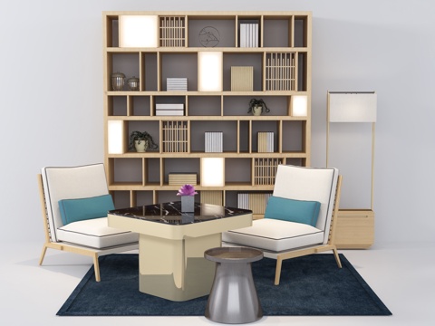  新中式休闲椅 茶几书柜摆件饰品组合3d模型 