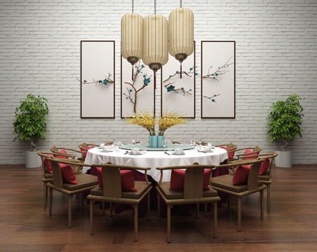  餐厅包间餐桌椅 挂画 吊灯3d模型 