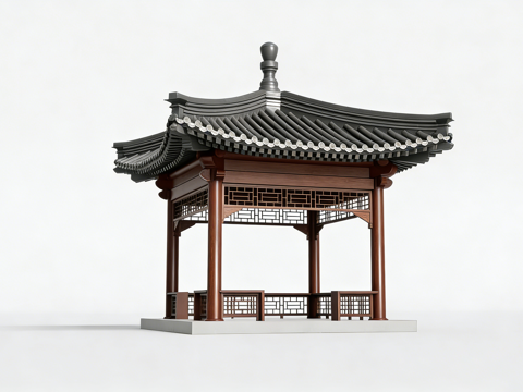 中式仿古六角凉亭 木结构灰瓦顶 带挂落瓦当 园林庭院景观建筑su模型