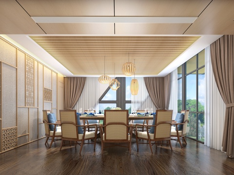  新中式包厢  中式隔断 藤椅 麻席顶面3d模型 