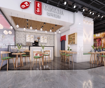  现代工业风 奶茶店 休闲桌椅 吊灯 展示柜3d模型 