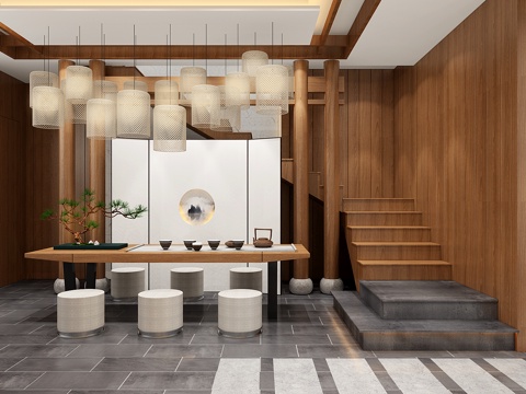  新中式禅意大厅餐厅包厢3d模型 