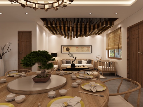  禅意中式餐厅 卧室 书房3d模型 