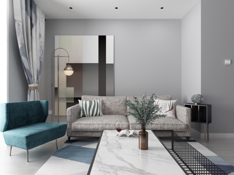  现代北欧沙发组合 北欧多人沙发 茶几 绿植 单人沙发 落3d模型 