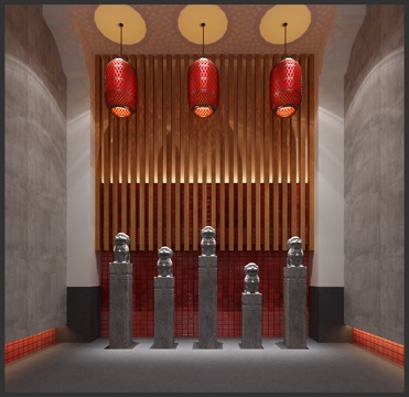  传统中式现代餐厅楼梯口石柱子灯笼3d模型 