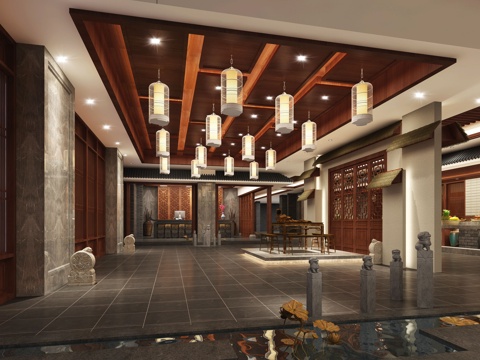  新中式餐厅前厅3d模型 