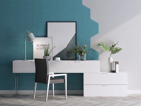  北欧白色书桌椅几何墙面组合3d模型 