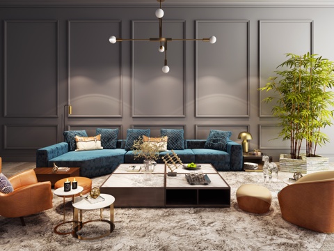  现代沙发茶几 休闲椅 绿植组合模型3d模型 