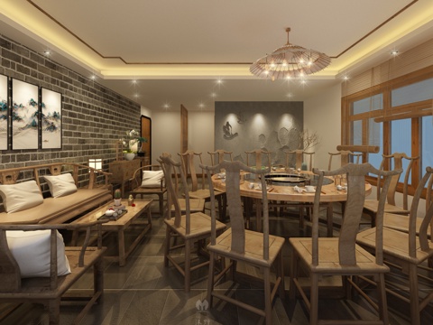  禅意中式包厢 大圆桌 榆木椅子 极简屏风     创意水3d模型 