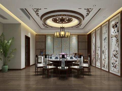  中式餐厅包间 餐桌 植物 吊灯 隔断3d模型 