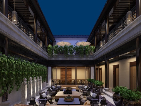  传统中式四合院 沙发 茶几 户外摆件3d模型 