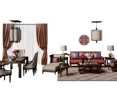  东南亚沙发茶几 餐桌椅 吊顶 窗帘组合3d模型 