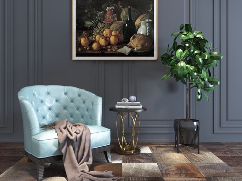  欧式简约休闲桌椅 角几 植物盆栽 挂画 地毯 搭布 书 饰品3d模型 