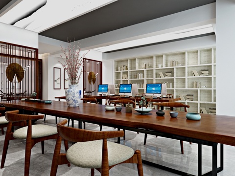  禅意办公室 办公桌 柜子3d模型 