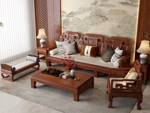  新中式客厅 客厅 实木沙发 中式沙发3d模型 