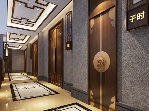  新中式餐厅过道走廊3d模型 