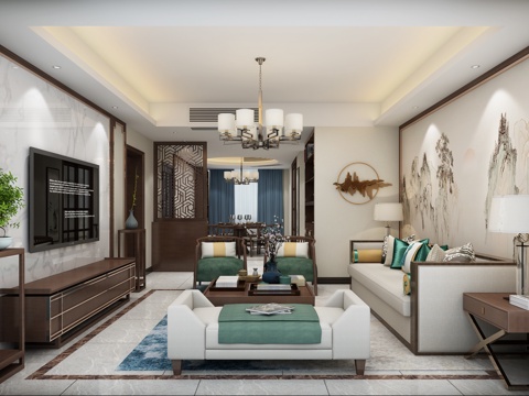  新中式客厅 沙发茶几组合 吊灯3d模型 