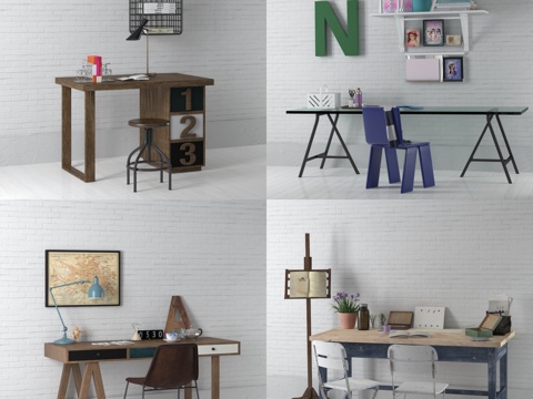  工业风书桌落地架书架组合3D模型3d模型 