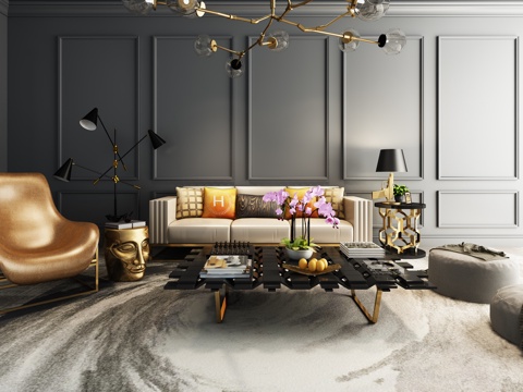  后现代沙发茶几组合 吊灯组合模型3d模型 