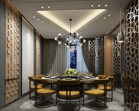  新中式餐厅包厢 吊灯 餐桌椅 隔断3d模型 