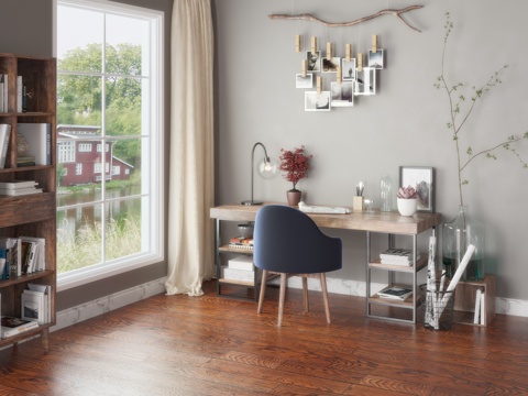  现代实木书桌 椅子 台灯 摆件组合3d模型 