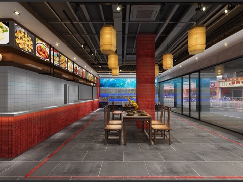  工业风中式餐厅 餐桌椅 吊灯3d模型 