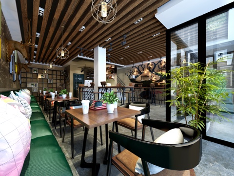  工业风餐厅 木格栅  方桌 玻璃门 饰品 鹿头3d模型 