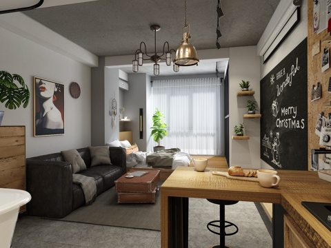  单身公寓 北欧 工业客厅卧室3d模型 