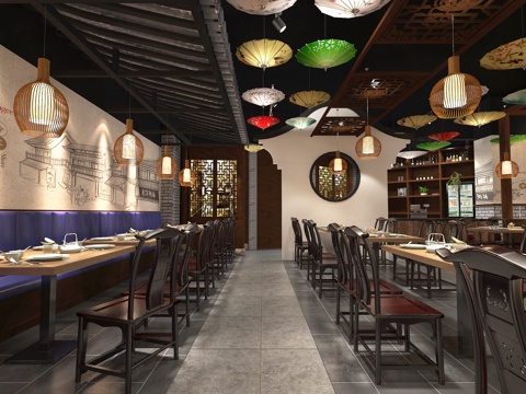  新中式餐饮店 吊灯 花伞 餐桌 椅子 卡座3d模型 