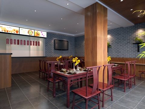  传统中式中餐厅 餐桌椅 背景墙 碗柜 物件摆件3d模型 