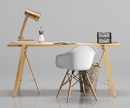  北欧原木书桌 椅子 台灯 摆件组合3d模型 