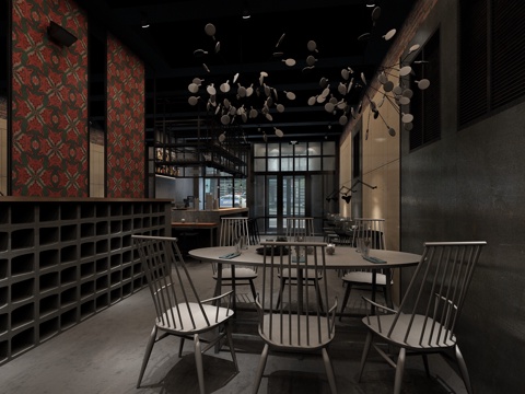  工业风咖啡厅 吊灯 吧台 餐桌椅3d模型 