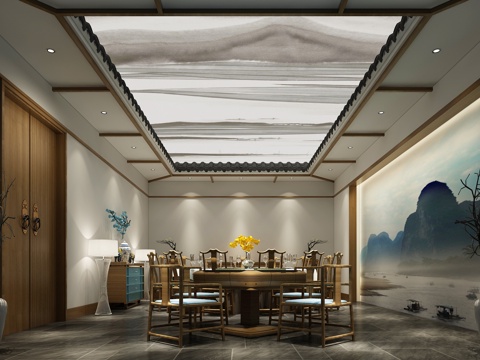  新中式餐厅包厢 软膜天花 麻将桌 枯枝 落地灯 餐边柜3d模型 