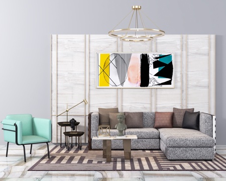  现代转角布艺沙发 单椅挂画背景组合3d模型 