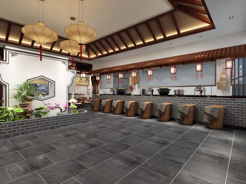  禅意中式中餐厅 酒柜 前台 灯笼 物件摆件3d模型 