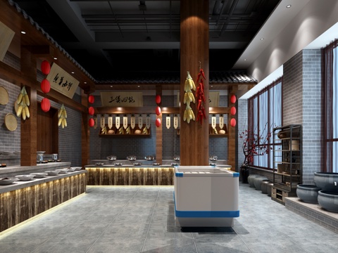  传统中式餐厅 冰柜 梅花 摆件3d模型 