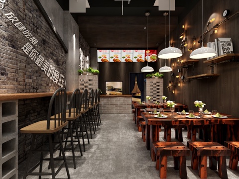  工业风快餐厅 桌椅 吊灯 卡座 绿植 吧台 吧台椅 船木3d模型 