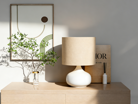 现代简约静物摆件 陶瓷台灯 玻璃花瓶 抽象画 侘寂风桌面装饰su模型