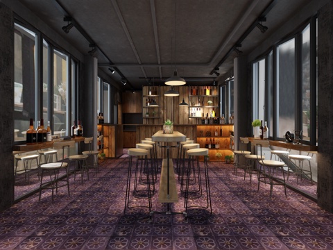  工业风咖啡厅 吧台 吧椅 吊灯 物件摆件 酒柜3d模型 